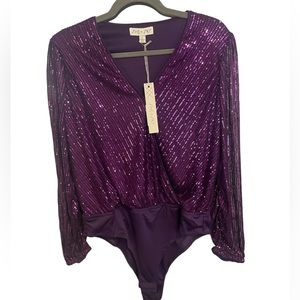 NWT SHE & SKY purple sequin bodysuit, size large